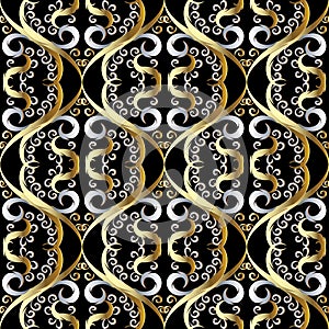 Floral vintage oriental style 3d seamless pattern. Vector black