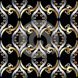 Floral vintage oriental style 3d seamless pattern. Vector black