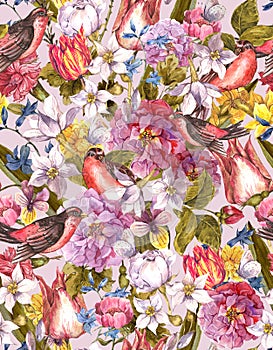 Floral Vintage Seamless Background with Bird