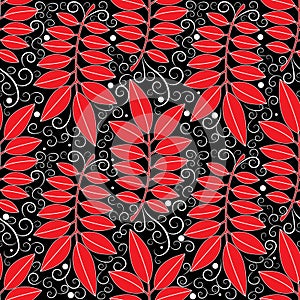 Floral vintage seamless pattern. Abstract vector black background with red leaves, branches, white swirl lines and flourish hand