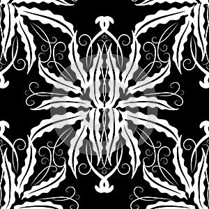 Floral vintage seamless pattern. Vector monochrome black and white baroque background. Damask ornaments. Hand drawn design.