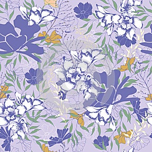 Floral vintage texture for fabric. Ornament of flowers and leaves on a purple background. Vintage texture for decoration of fabric