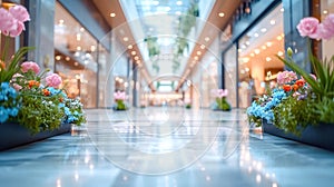 Floral Walkway in Illuminated Mall. Flower pots line a brightly lit mall corridor. Festive decorations in modern mall