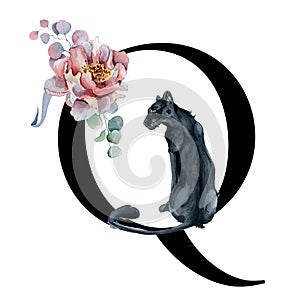 Floral watercolor alphabet. Monogram initial letter Q design with hand drawn peony and anemone flower and black panther