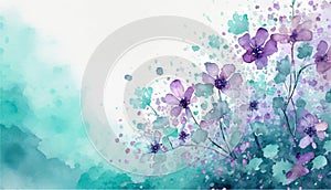 Floral watercolor background. Beautiful purple and turquoise flowers painting. Angular drawing and space for text photo