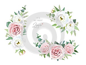 Floral watercolor bouquet, wreath. Vector design element set. Blush pink garden rose, white flowers, veronica, greenery, seeded