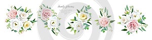 Floral, watercolor design element set. Pink, yellow garden rose, white flowers, jasmine, green seeded eucalyptus leaves, branches