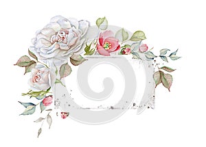 Floral Watercolor Frame with Delicate White and Pink Roses with shabby chic