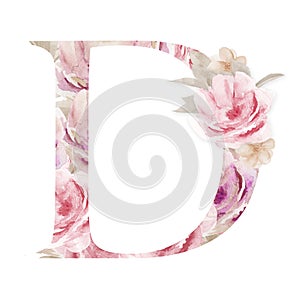 Floral Watercolor Letter D Blooming Alphabet Design. Watercolour Font letter B isolated on white background.