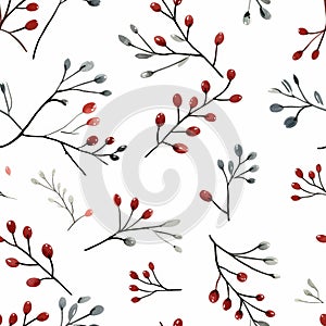 Floral Watercolor Pattern With Red And White Berries photo