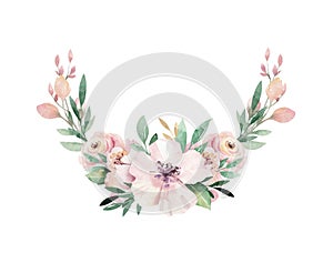 Floral watercolor peony flower frame wreath with tropical leaves and flowers