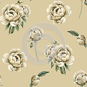 Floral watercolor seamless pattern with beige peony flowers, buds and green leaves on beige background