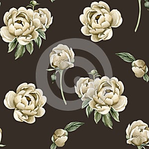 Floral watercolor seamless pattern with beige peony flowers, buds and green leaves on dark background