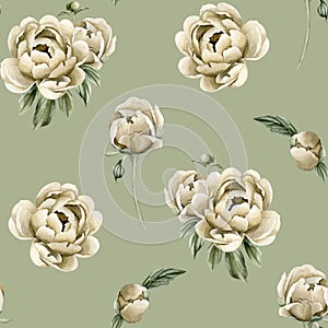 Floral watercolor seamless pattern with beige peony flowers, buds and green leaves on grey green background