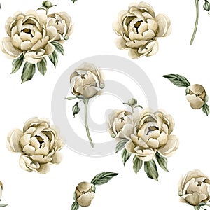 Floral watercolor seamless pattern with beige peony flowers, buds and green leaves on white background