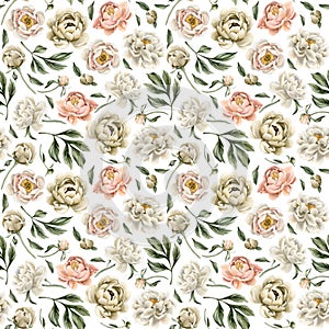 Floral watercolor seamless pattern with white beige and peach peony flowers, buds and green leaves on white background