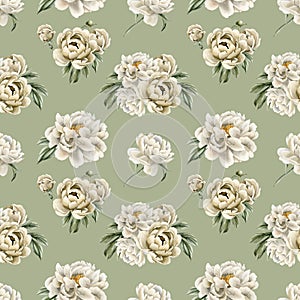 Floral watercolor seamless pattern with white and beige peony flowers, buds and green leaves on grey green background.