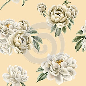 Floral watercolor seamless pattern with white and beige peony flowers, buds and green leaves on light pink background