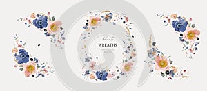 Floral, watercolor wreath set. Blue, blush pink anemone flowers, white petals, blackberry, golden glitter style bouquet. Vector