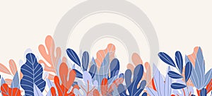 Floral web banner with drawn color exotic leaves. Nature concept design. Modern floral compositions with summer branches