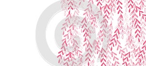Floral web banner with drawn pink exotic leaves. Nature concept design. Modern floral compositions with summer branches