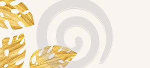 Floral web banner with golden drawn color exotic leaves. Nature concept design. Modern floral compositions with summer