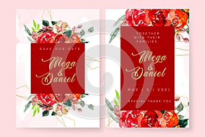 Beautiful Watercolor Rose Floral With Hand Painted Blush Pink and Golden Geometric Frame, Wedding Cards