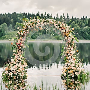 Floral wedding arch by lake