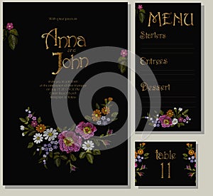 Floral wedding cards design suite template. Rustic field flower wild rose daisy gerbera herbs. Invitation greeting card marriage m