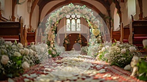 floral wedding decor, indoor wedding decor featuring a romantic floral archway, made with white roses and greenery