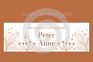 Floral wedding horizontal banner template in doodle style, Welocme to our wedding, invitation card design beige and photo