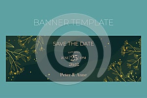 Floral wedding horizontal banner template in elegant golden style, invitation card design with gold flowers with leaves