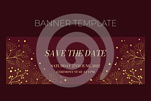 Floral wedding horizontal banner template in elegant golden style, Save the date, invitation card design with gold