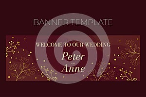 Floral wedding horizontal banner template in elegant golden style, Welcome to our wedding, invitation card design with