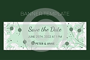 Floral wedding horizontal banner template in hand drawn doodle style, Save the date invitation card design with line