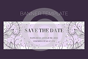 Floral wedding horizontal banner template in hand drawn doodle style, Save tha date invitation card design with line