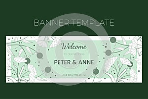 Floral wedding horizontal banner template in hand drawn doodle style, Welcome to our wedding invitation card design with