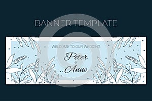 Floral wedding horizontal banner template in hand drawn doodle style, Welcome to our wedding invitation card design with