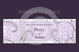 Floral wedding horizontal banner template in hand drawn doodle style, Welcome to our wedding invitation card design with