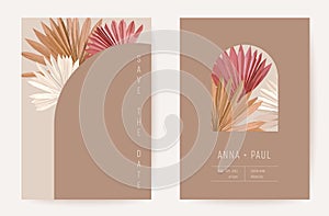 Floral wedding invitation botanical card, boho tropical palm dry leaves poster, frame set, modern minimal terracotta