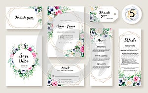 Floral Wedding Invitation card, save the date, thank you, rsvp