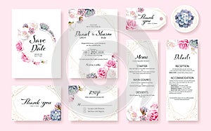 Floral Wedding Invitation card, save the date, thank you, rsvp, table label, menu, details, tage template. Vector. Pink and White