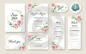 Floral Wedding Invitation card, save the date, thank you, rsvp, table label, tage template. Vector. Rose flower, Succulent,