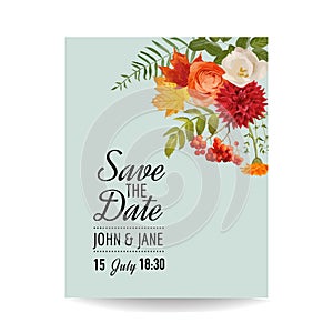 Floral Wedding Invitation Card Template with Autumn Flowers, Leaves and Rowanberry. Baby Shower Decoration