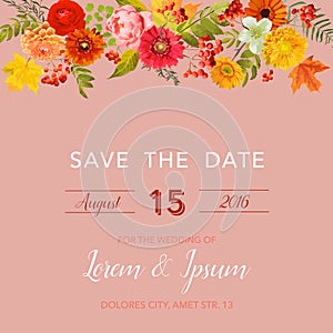 Floral Wedding Invitation Card Template with Autumn Flowers, Leaves and Rowanberry. Baby Shower Decoration photo