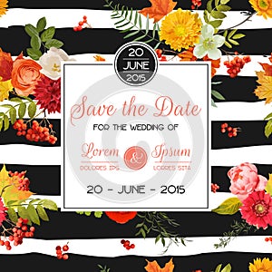 Floral Wedding Invitation Card Template with Autumn Flowers, Leaves and Rowanberry. Baby Shower Decoration photo