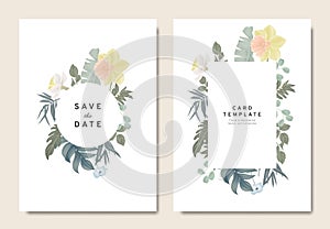 Floral wedding invitation card template design, bouquets of daffodil, Nemophila and leaves with circle and rectangle frames