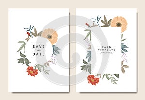 Floral wedding invitation card template design, bouquets of orange gerbera, paenia lactiflora, Thalictrum delavayi, hibiscus
