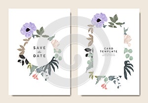 Floral wedding invitation card template design, bouquets of purple anemone, magnolia, freesia and leaves with circle and rectangle