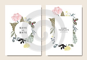 Floral wedding invitation card template design, bouquets of tulips and leaves with circle and rectangle frames on white background